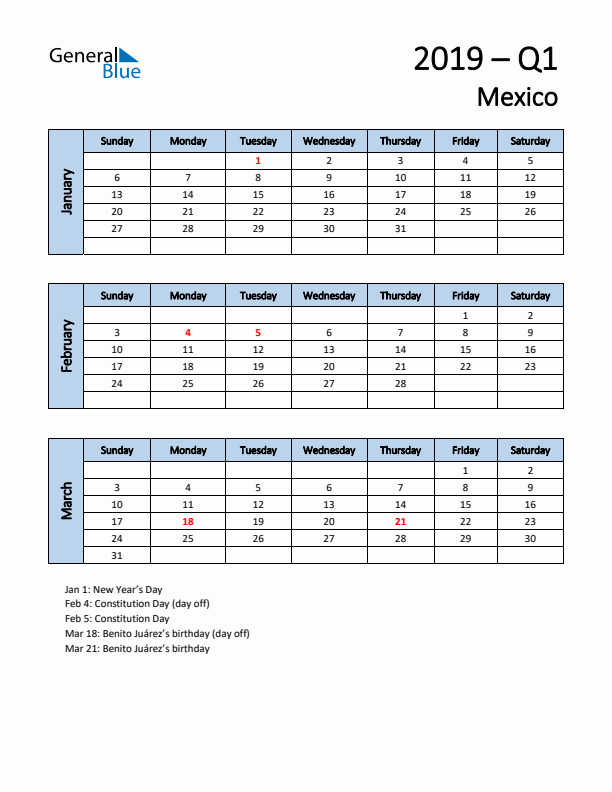 Free Q1 2019 Calendar for Mexico - Sunday Start