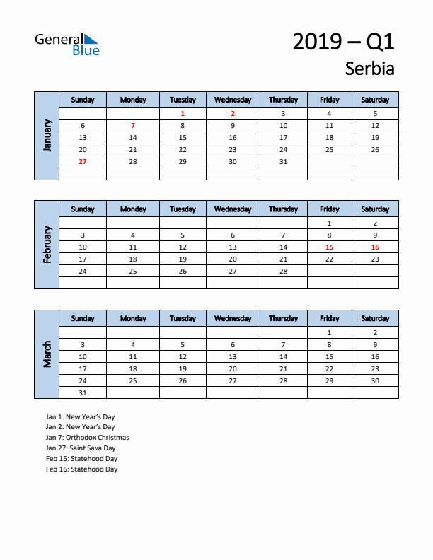Free Q1 2019 Calendar for Serbia - Sunday Start