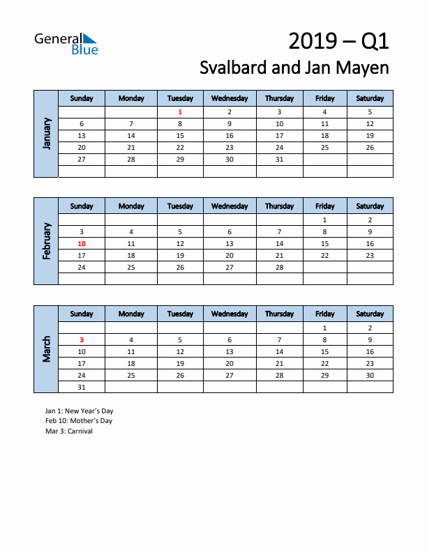 Free Q1 2019 Calendar for Svalbard and Jan Mayen - Sunday Start