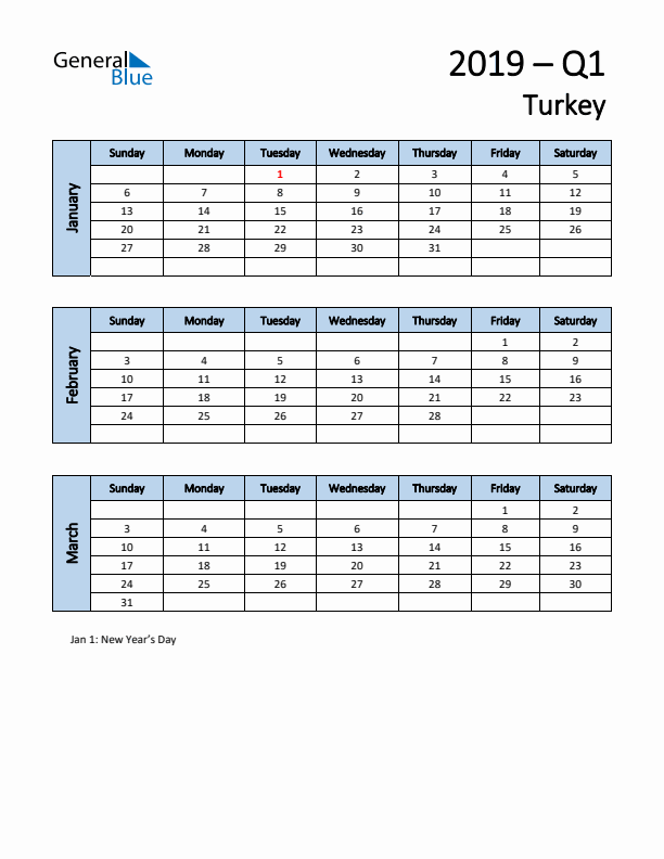 Free Q1 2019 Calendar for Turkey - Sunday Start