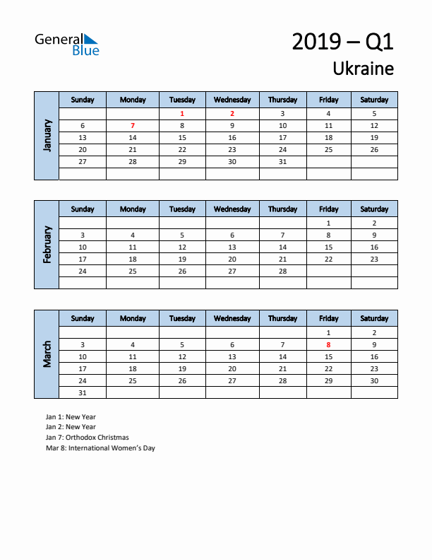 Free Q1 2019 Calendar for Ukraine - Sunday Start
