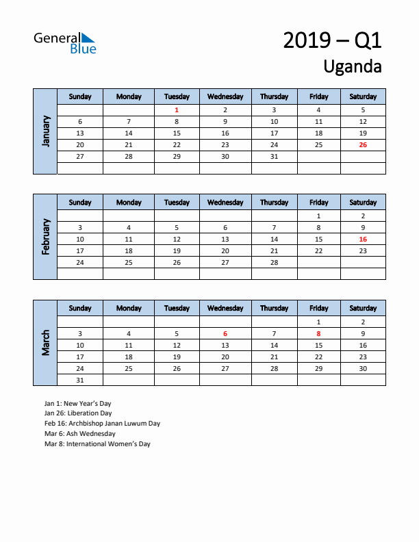 Free Q1 2019 Calendar for Uganda - Sunday Start