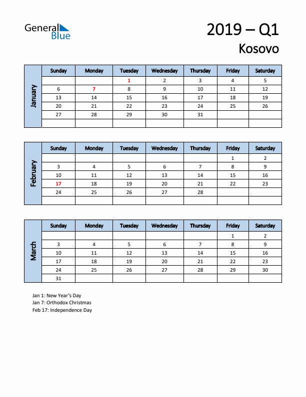 Free Q1 2019 Calendar for Kosovo - Sunday Start