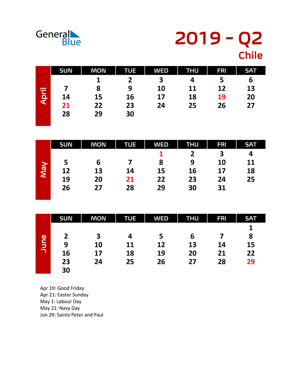  Q2 2019 Calendar with Holidays