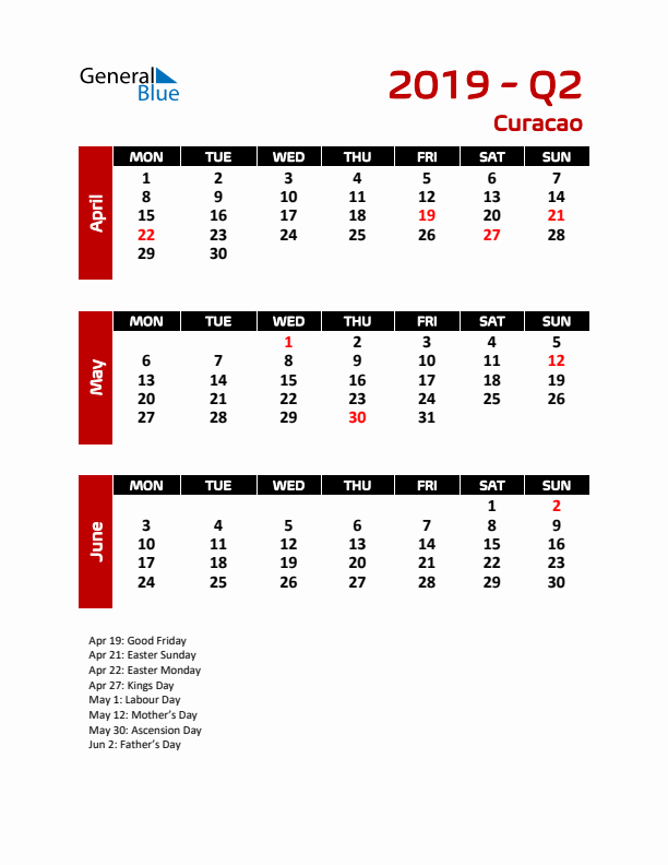 Q2 2019 Calendar with Holidays