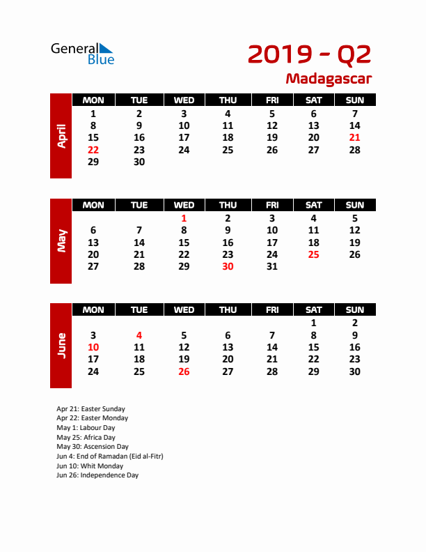 Q2 2019 Calendar with Holidays