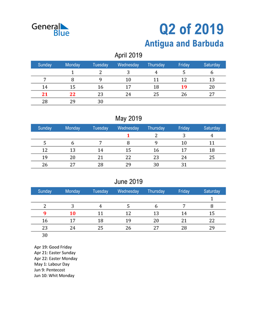  Antigua and Barbuda 2019 Quarterly Calendar 