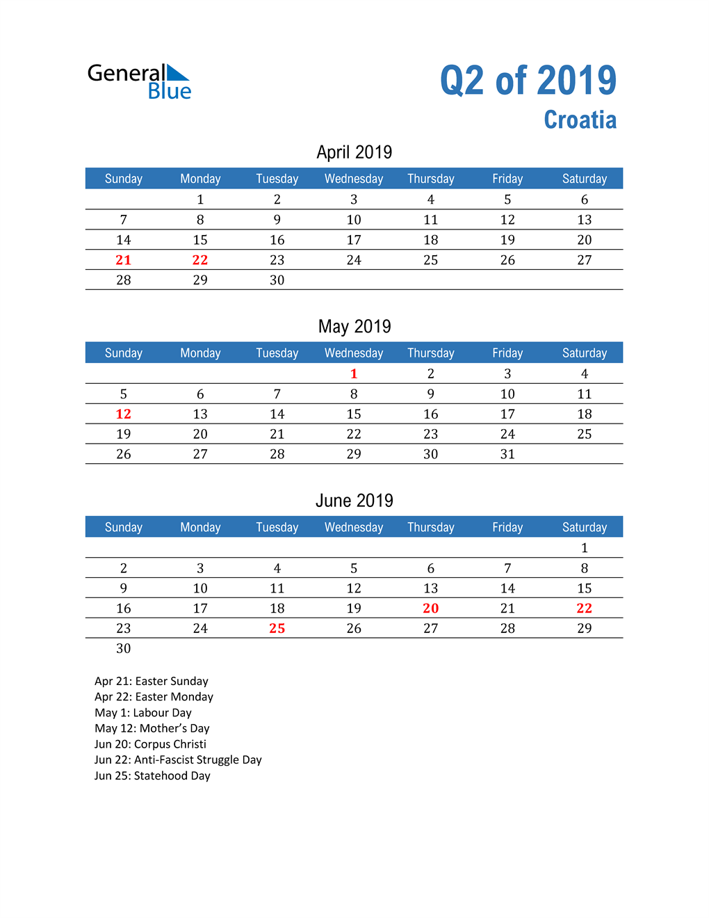  Croatia 2019 Quarterly Calendar 