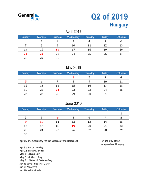  Hungary 2019 Quarterly Calendar 