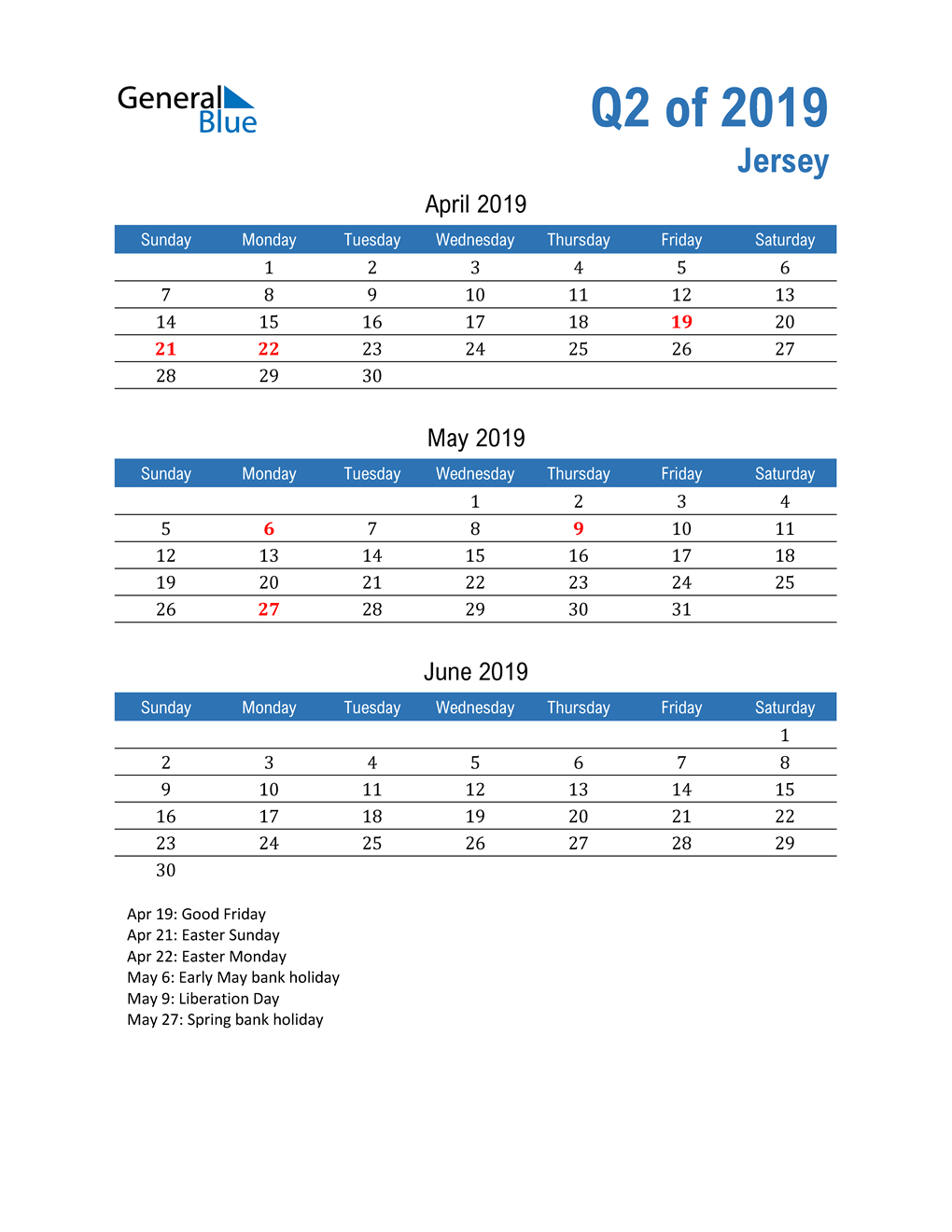  Jersey 2019 Quarterly Calendar 