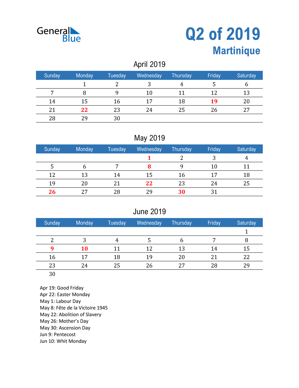  Martinique 2019 Quarterly Calendar 