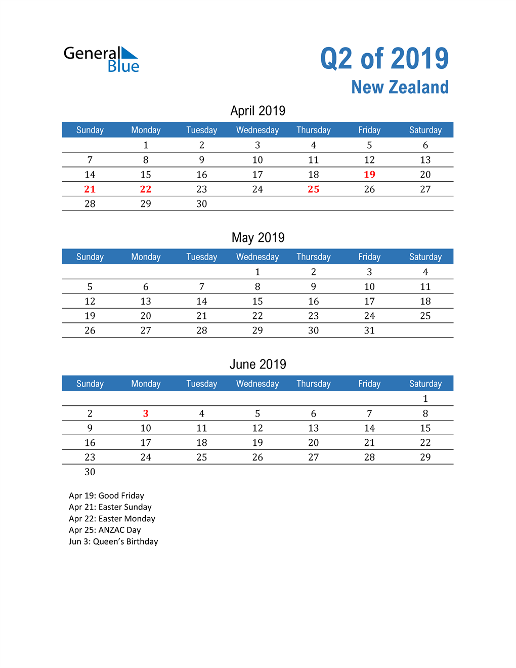  New Zealand 2019 Quarterly Calendar 