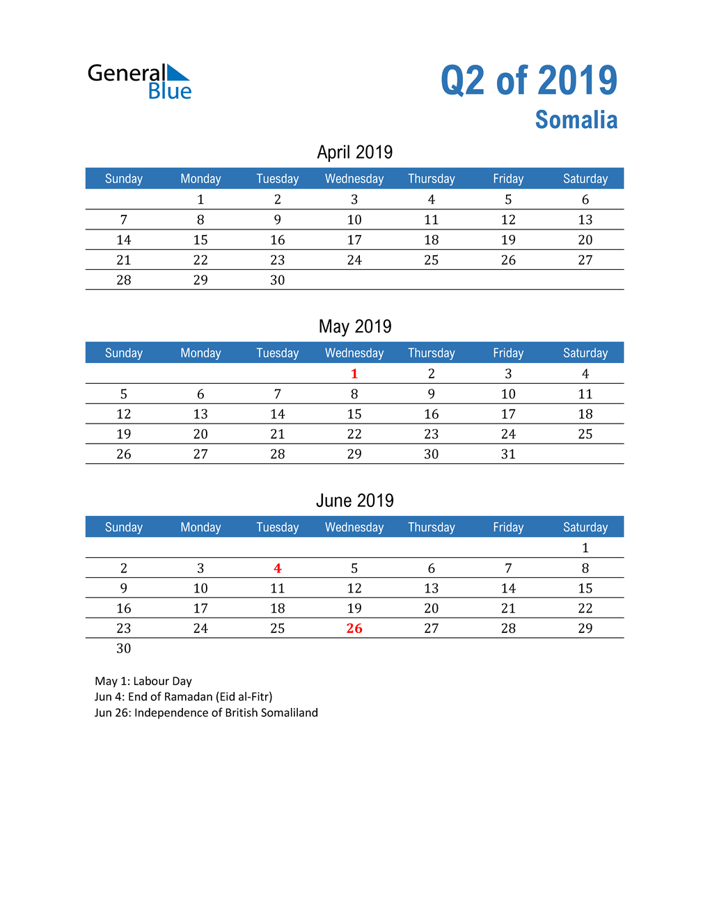  Somalia 2019 Quarterly Calendar 