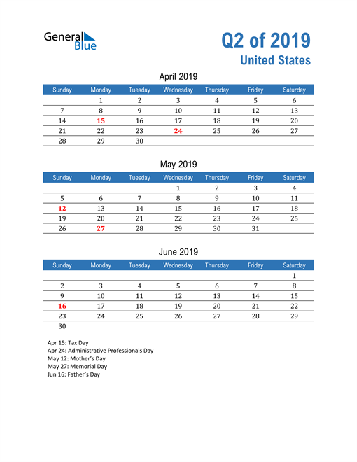  United States 2019 Quarterly Calendar 