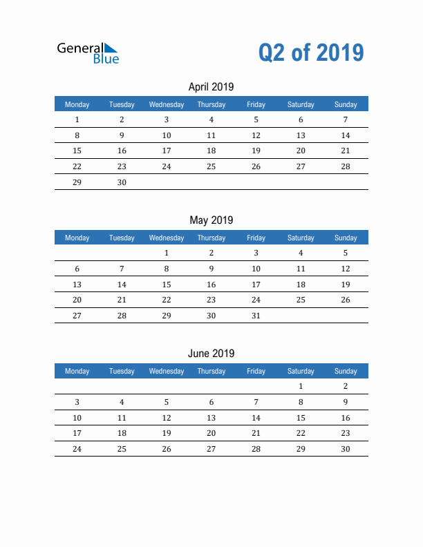 Fillable Quarterly Calendar for Q2 2019
