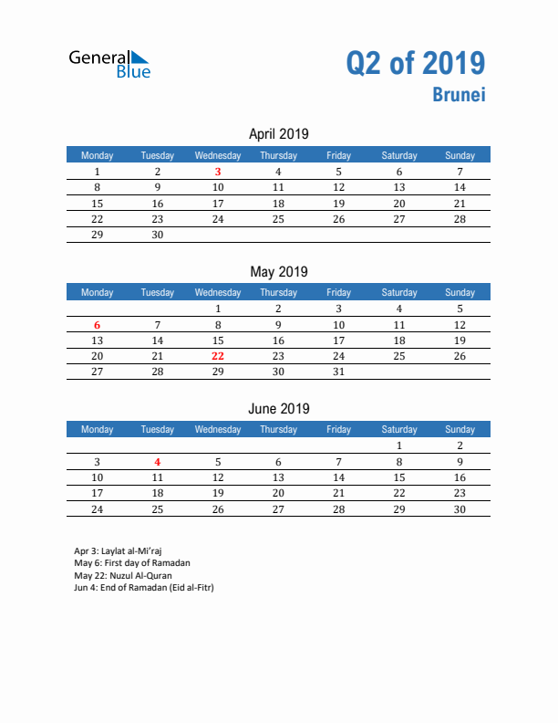 Brunei 2019 Quarterly Calendar with Monday Start