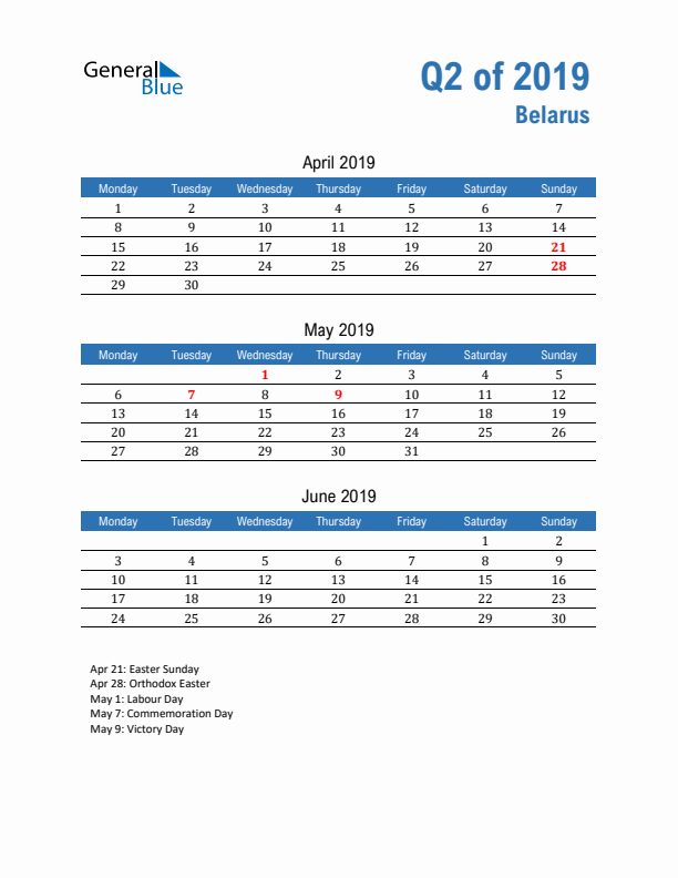 Belarus 2019 Quarterly Calendar with Monday Start