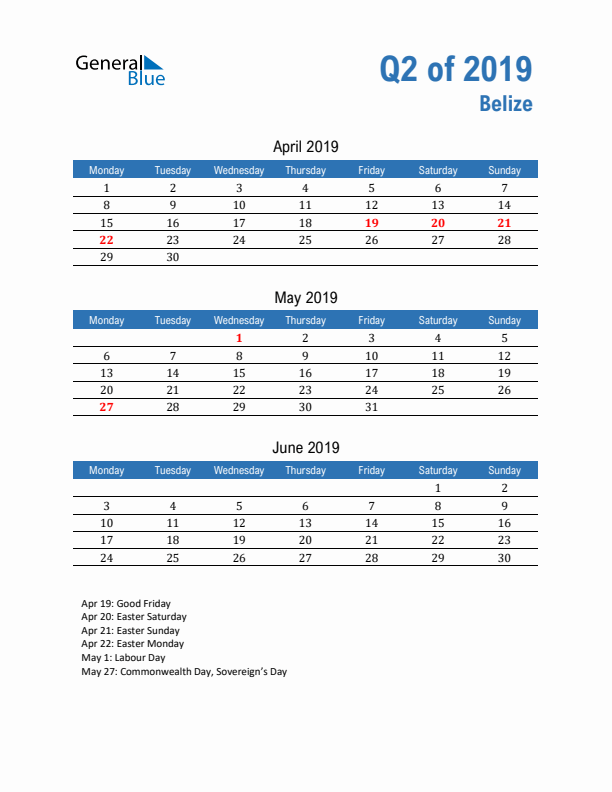 Belize 2019 Quarterly Calendar with Monday Start