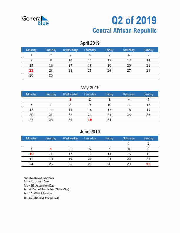 Central African Republic 2019 Quarterly Calendar with Monday Start