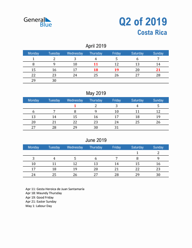 Costa Rica 2019 Quarterly Calendar with Monday Start