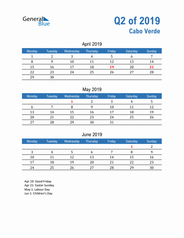 Cabo Verde 2019 Quarterly Calendar with Monday Start