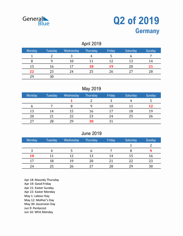 Germany 2019 Quarterly Calendar with Monday Start
