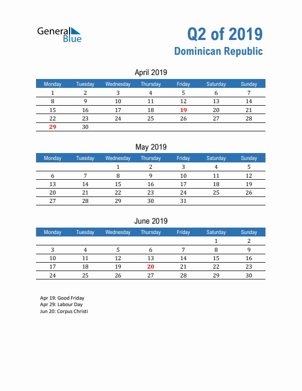 Dominican Republic 2019 Quarterly Calendar with Monday Start