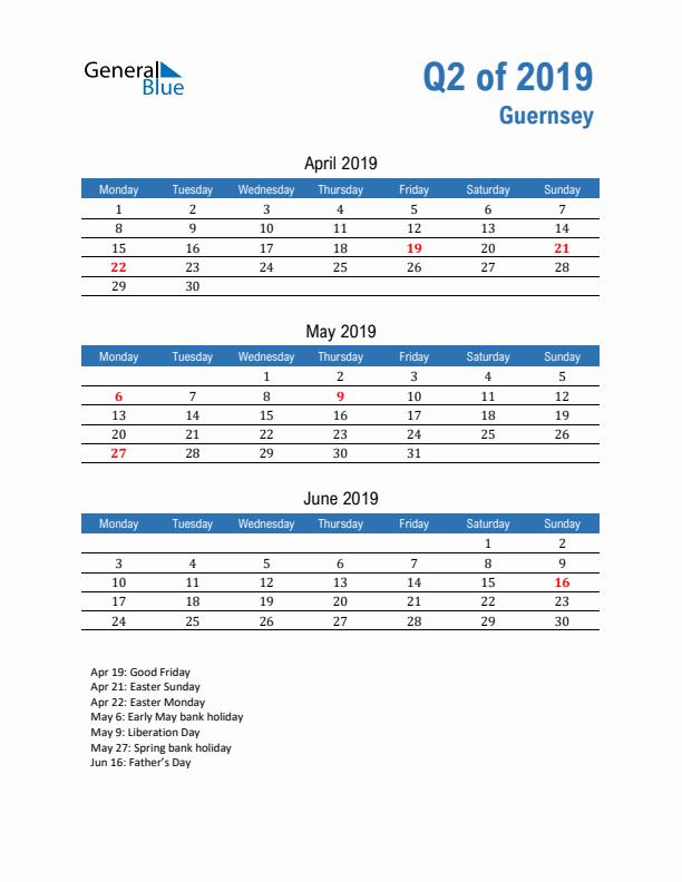 Guernsey 2019 Quarterly Calendar with Monday Start