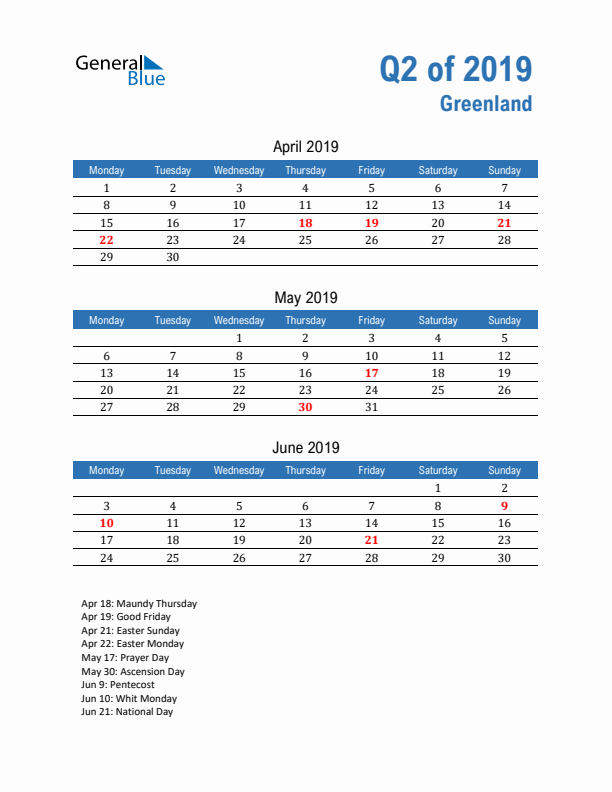 Greenland 2019 Quarterly Calendar with Monday Start
