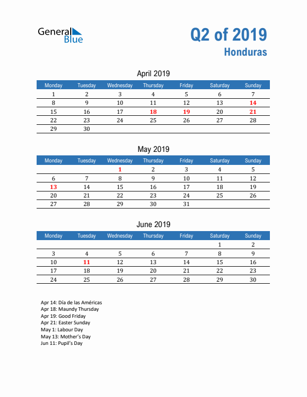 Honduras 2019 Quarterly Calendar with Monday Start