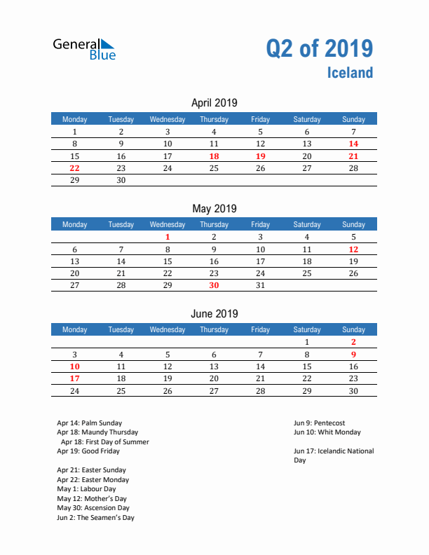 Iceland 2019 Quarterly Calendar with Monday Start