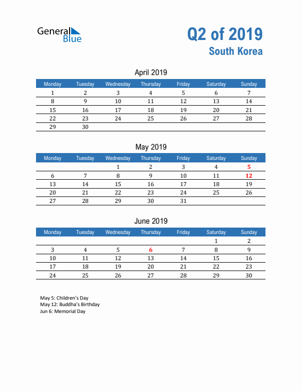 South Korea 2019 Quarterly Calendar with Monday Start