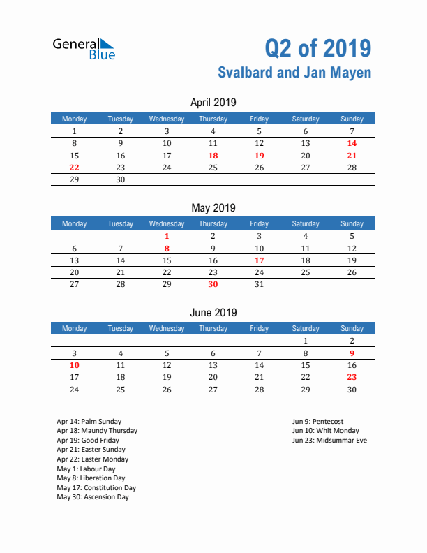 Svalbard and Jan Mayen 2019 Quarterly Calendar with Monday Start