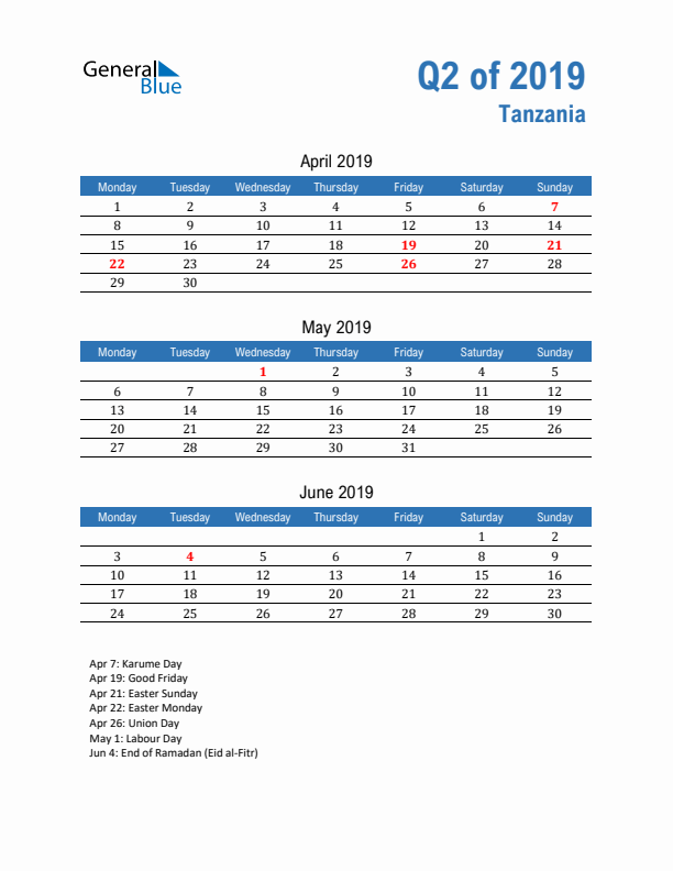 Tanzania 2019 Quarterly Calendar with Monday Start