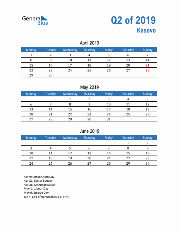 Kosovo 2019 Quarterly Calendar with Monday Start