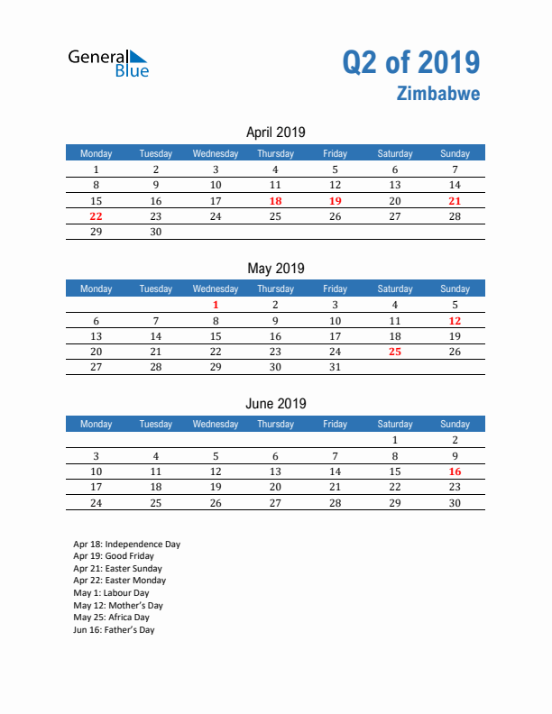 Zimbabwe 2019 Quarterly Calendar with Monday Start
