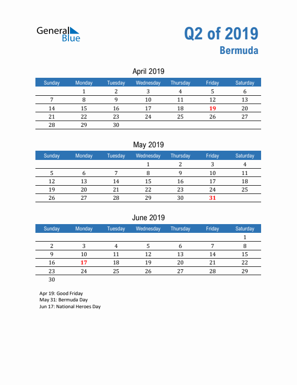 Bermuda 2019 Quarterly Calendar with Sunday Start