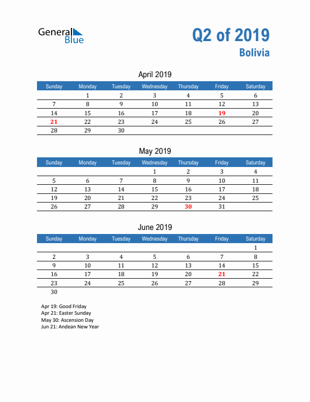 Bolivia 2019 Quarterly Calendar with Sunday Start
