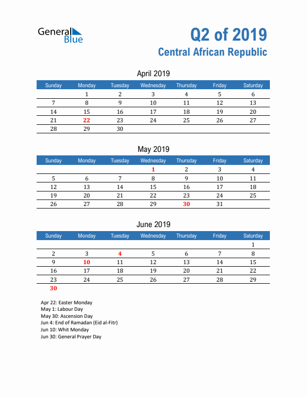 Central African Republic 2019 Quarterly Calendar with Sunday Start