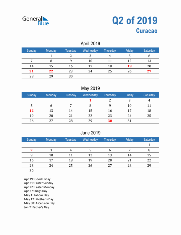 Curacao 2019 Quarterly Calendar with Sunday Start