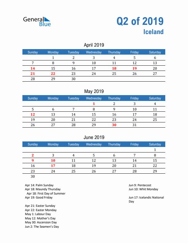 Iceland 2019 Quarterly Calendar with Sunday Start