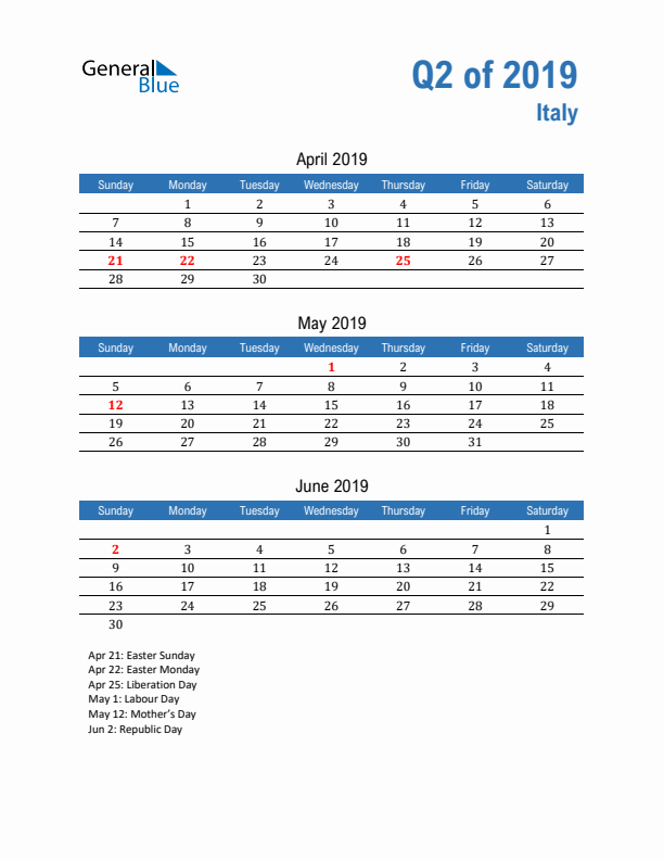 Italy 2019 Quarterly Calendar with Sunday Start