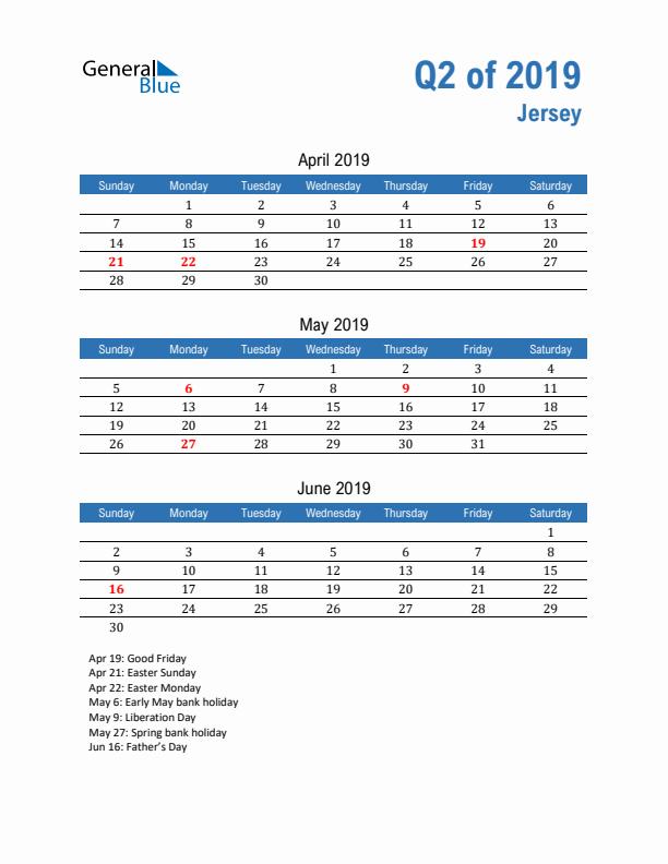 Jersey 2019 Quarterly Calendar with Sunday Start