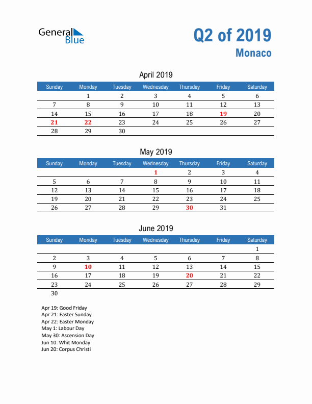 Monaco 2019 Quarterly Calendar with Sunday Start
