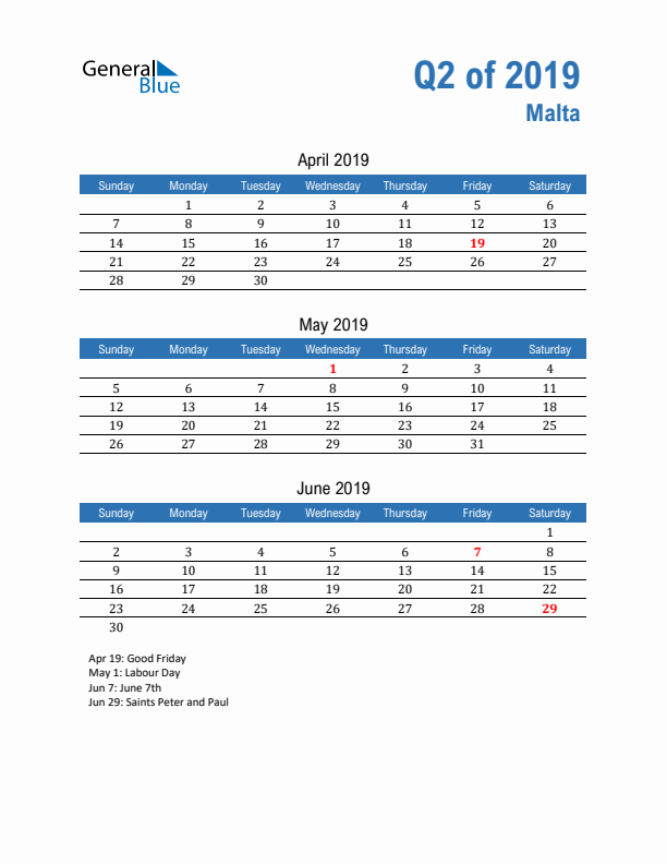 Malta 2019 Quarterly Calendar with Sunday Start