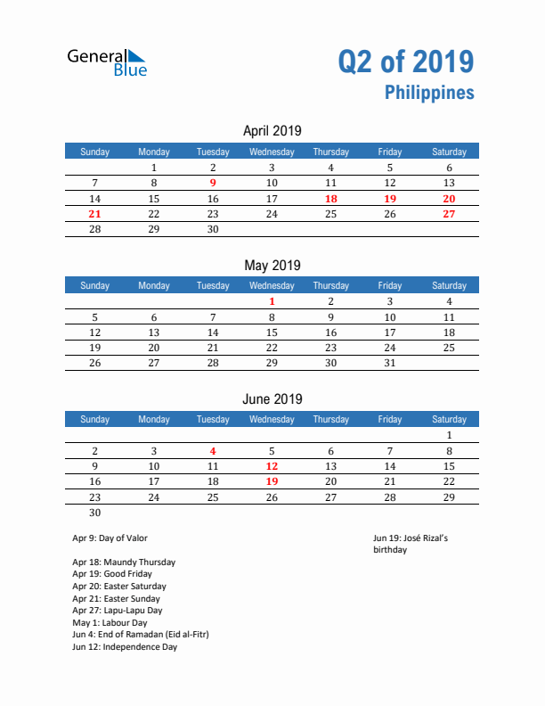 Philippines 2019 Quarterly Calendar with Sunday Start