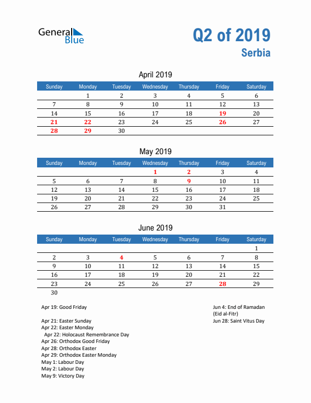 Serbia 2019 Quarterly Calendar with Sunday Start