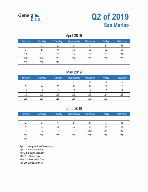 San Marino 2019 Quarterly Calendar with Sunday Start
