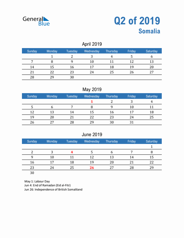Somalia 2019 Quarterly Calendar with Sunday Start