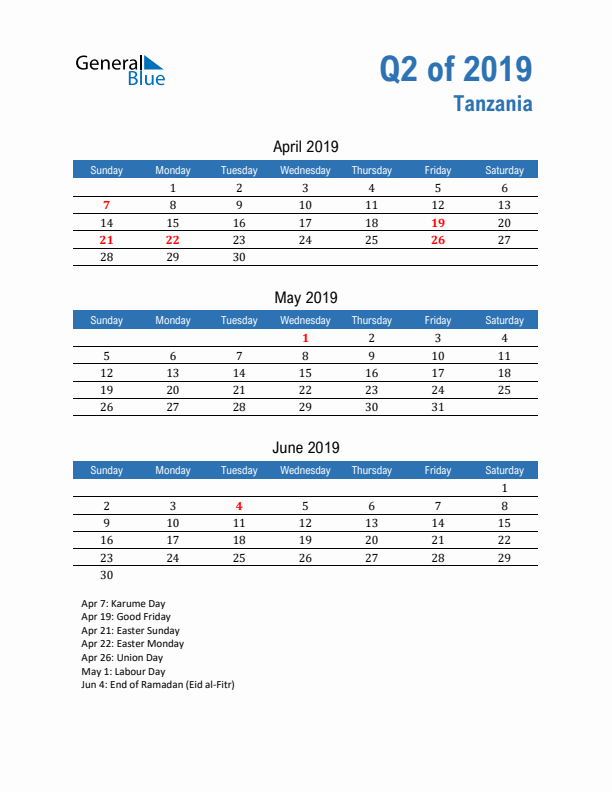 Tanzania 2019 Quarterly Calendar with Sunday Start